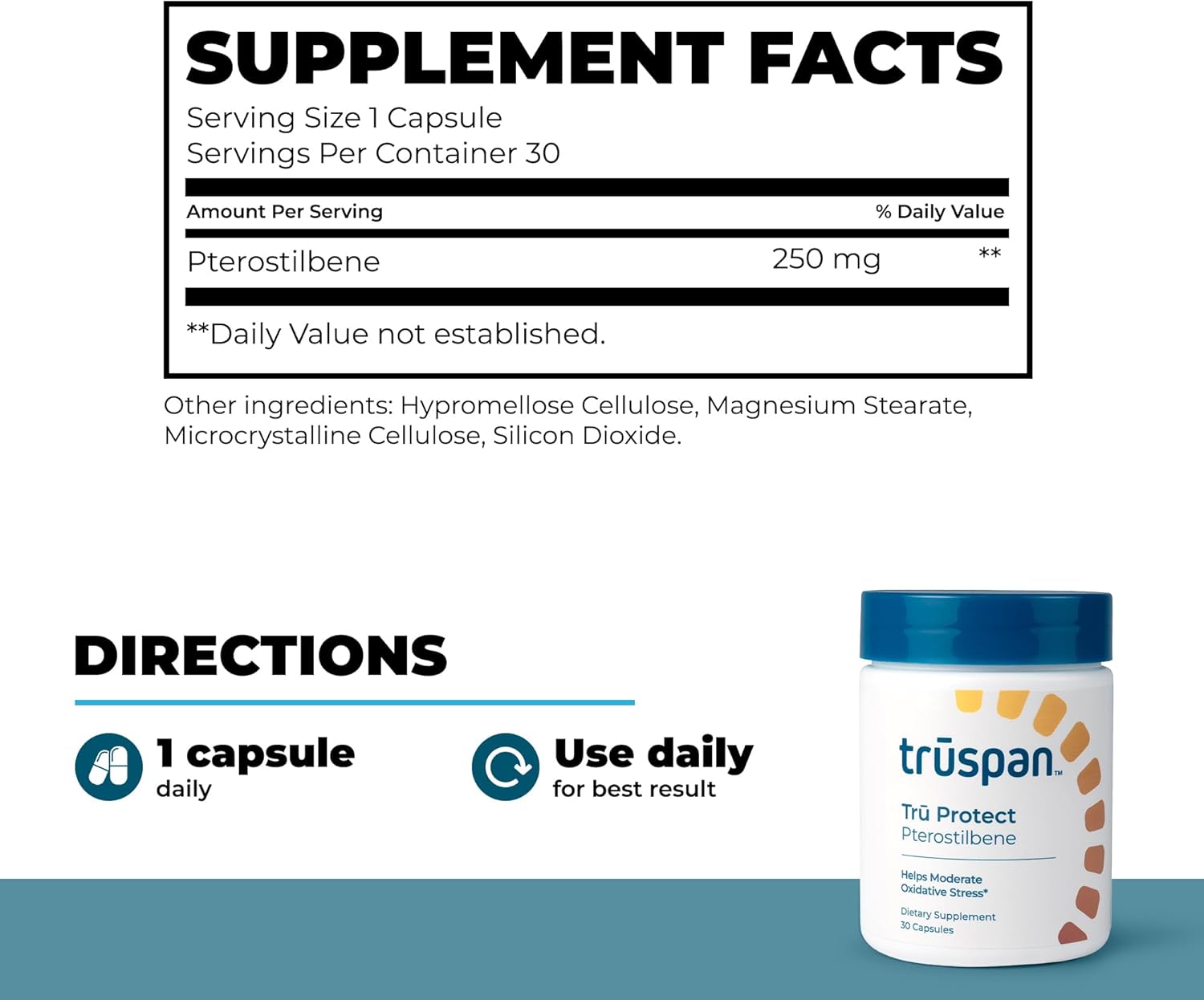 TruSpan Pterostilbene Supplement 250mg, Antioxidant & Cellular Health Support, Polyphenol for Healthy Aging & Oxidative Stress, Tru Protect Once Daily Capsule, 30 Servings