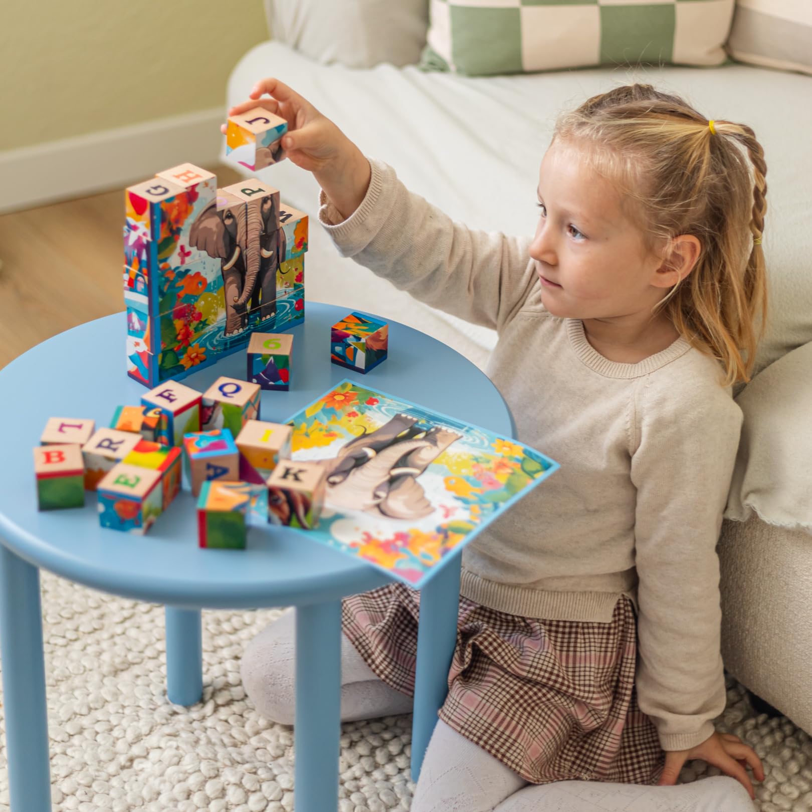 CUBICS – Puzzle Montessori 6-en-1 en Bois Naturel sans Plastique – 36 Cubes – 6 Puzzles Éducatifs Lettres, Chiffres et Animaux – Jouet Enfant dès 3 Ans – Idée Cadeau Noël ou Anniversaire