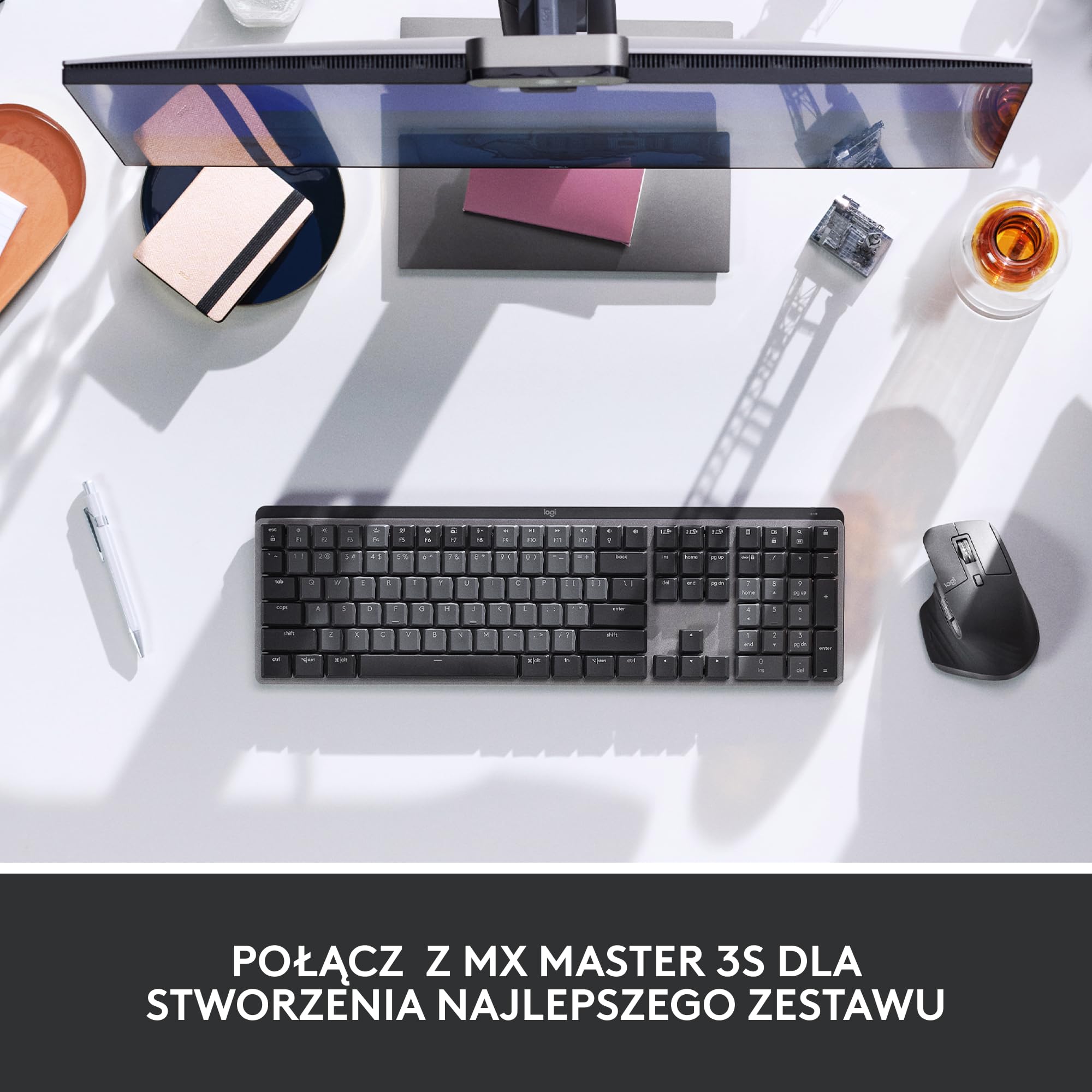 Logitech MX Mechanical Bezprzewodowa Klawiatura podświetlana Performance klawisze Tactile Quiet, Bluetooth, USB-C, macOS, Windows, Linux, iOS, Android, Metal, QWERTY układ US international - Szary
