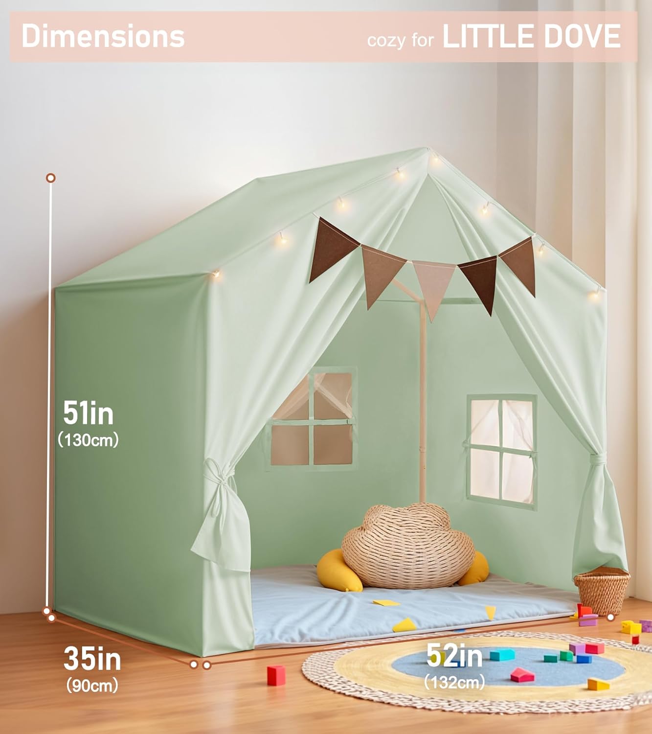 Kids Tent, Play Tent with Star Lights, Large Play Tents with 2 Windows, Kids Playhouse Indoor & Outdoor, Reading Nook, Christmas Toddler Tents for Girls & Boys, 52" x35" x 51", Green