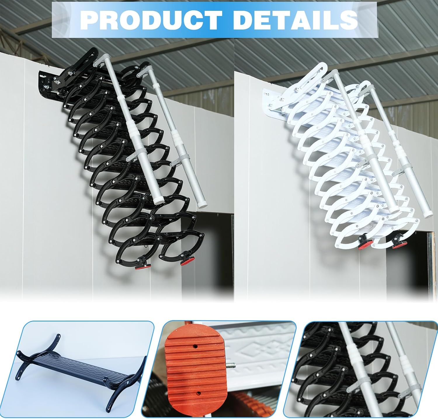 12 Steps Wall-Mounted Folding Stairs for Attic, Attic Ladder Pull Down System with Retractable Handrail& Pull Rod, Anti-Slip Steps, Attic Stairs for Home (Black-White, 9.6-10ft)