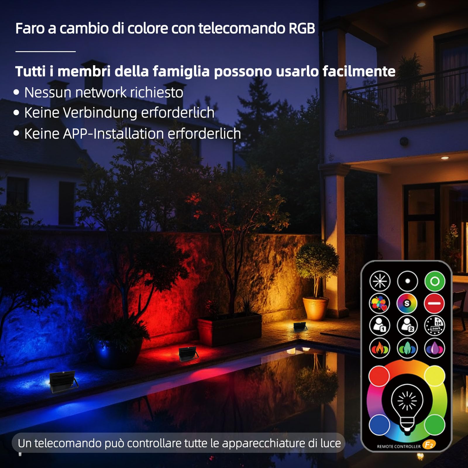 HEKEE Faretto Led, equivalente a 500 W, cambio colore Rgbw modalità strobo fai-da-te, 120 colori, esterno 5500 lumen, Rgb bianco caldo 2700K, impermeabile Ip66 (2 pacchi)