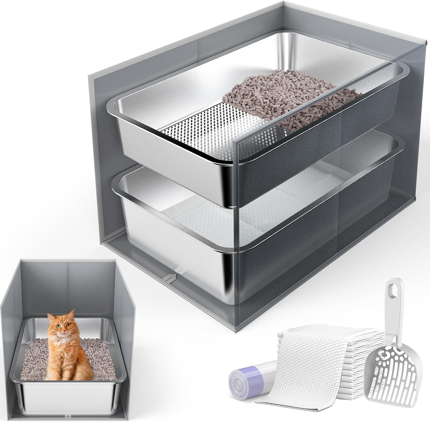 23.6" x 15.7" x 6" Stainless Steel Litter Box with Litter Box Enclosure Splash Guard for Big Cats, Multi-Cats, High Sided Sifting Litter Box for Non-clumping Litter, Easy Cleaning for Long-Lasting
