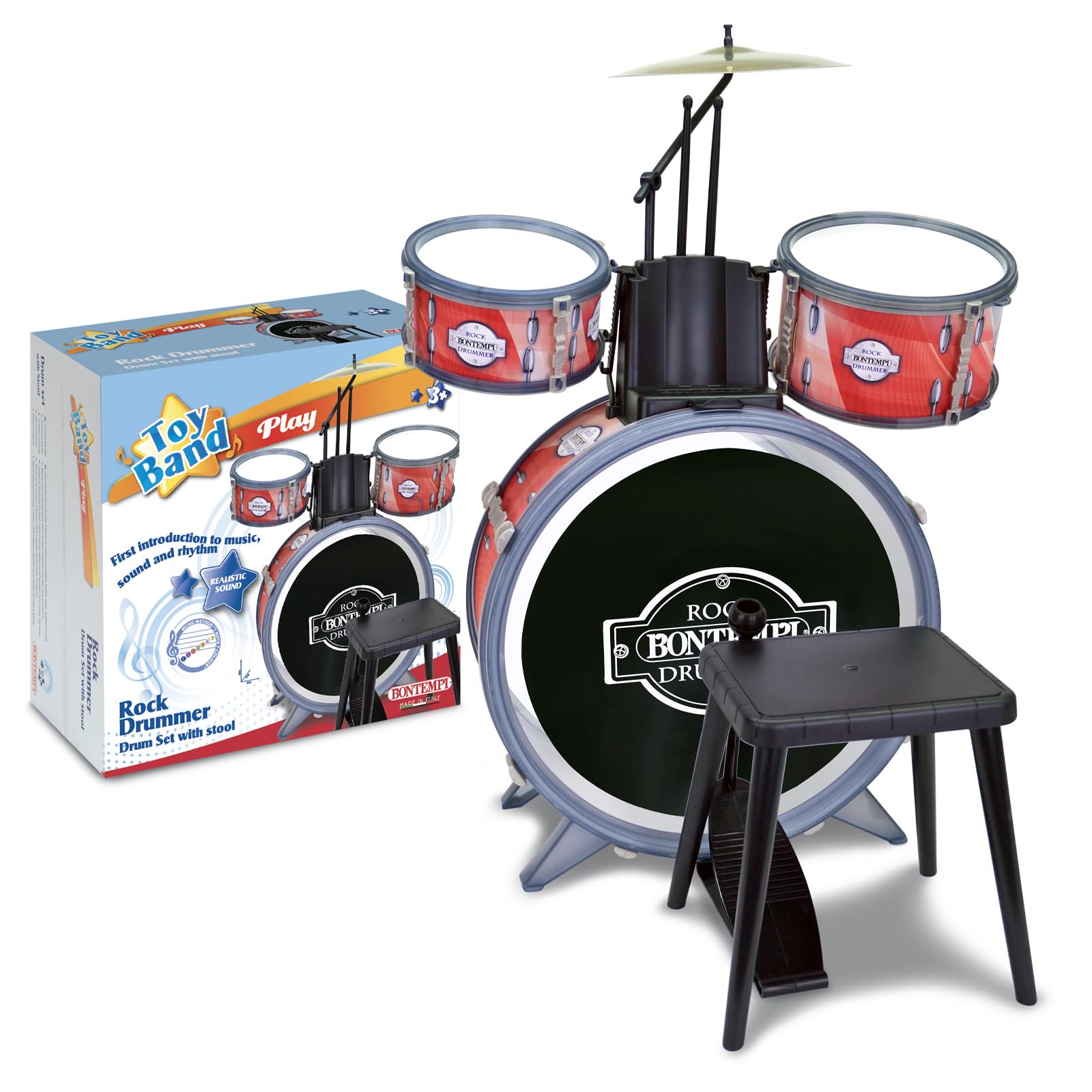 BONTEMPI - Beatmaster Kinder Schlagzeug mit realistischen Klängen, 2 Trommeln, Metallbecken, Sticks und Hocker, Maße 500x500x680 mm, Rot/Schwarz