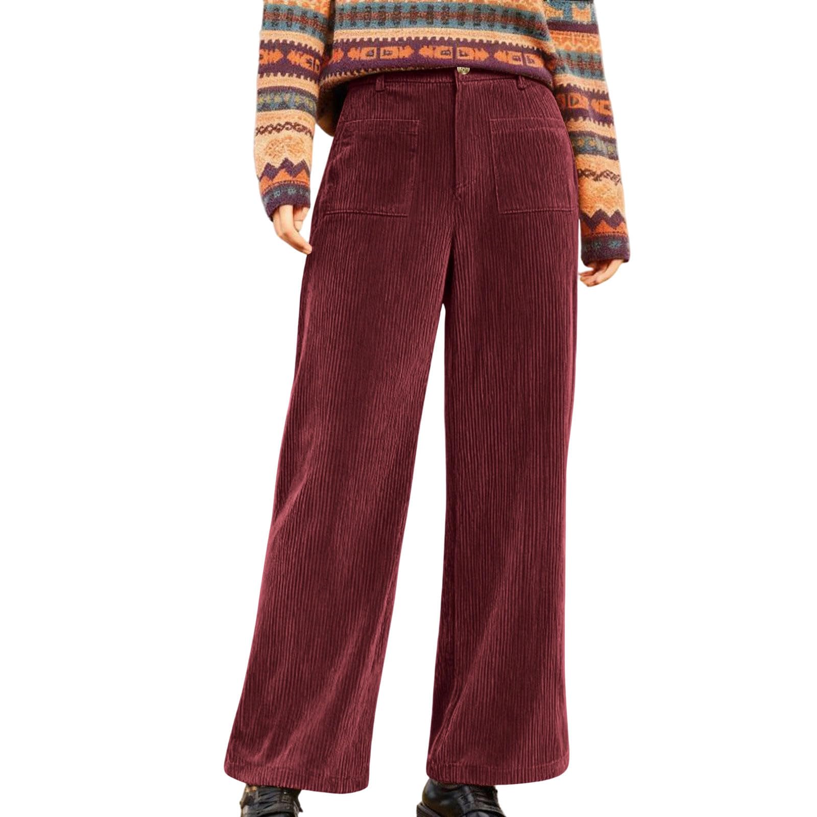 Corduroy Pants Women High Waisted Wide Leg Pants Business Casual Elastic Waist Work Trousers Lounges with Pockets