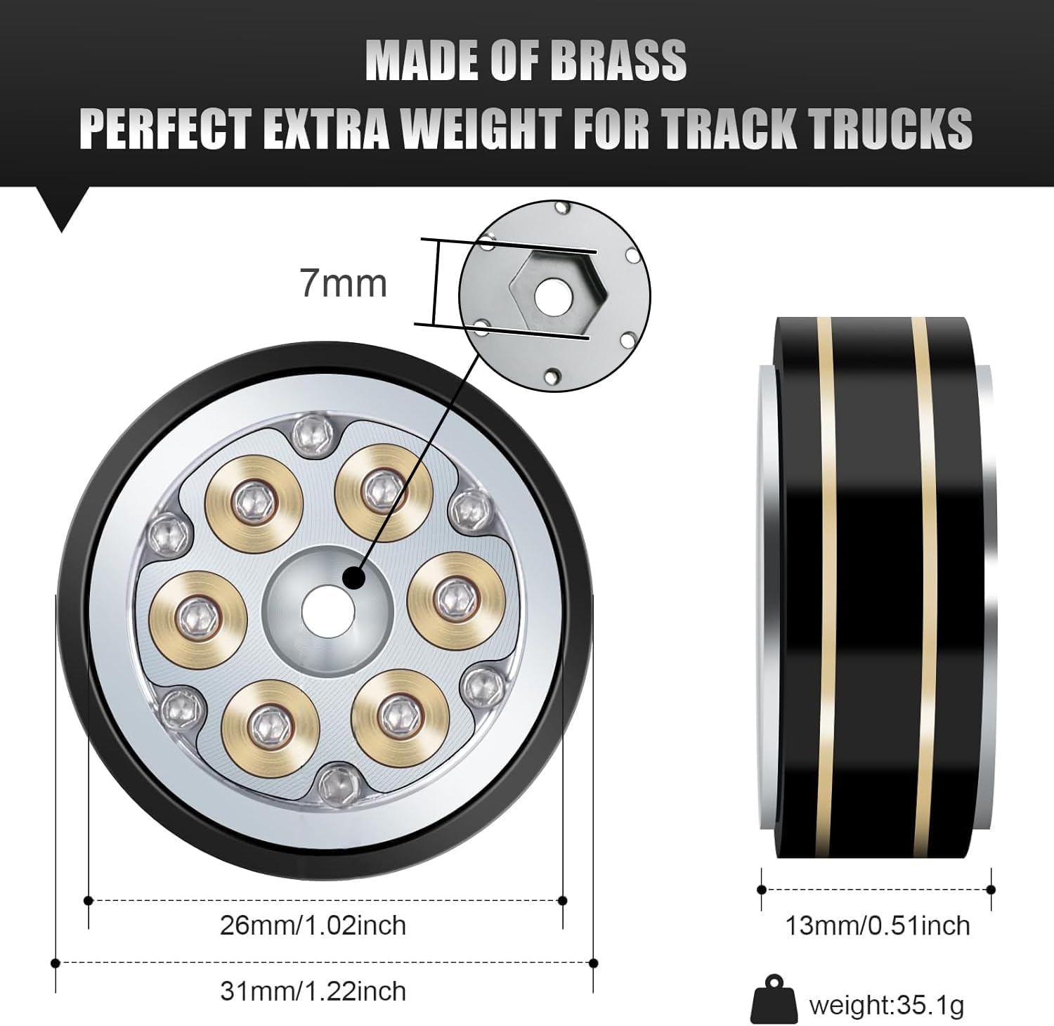 Heavy Brass Beadlock Wheels for 1/24 & 1/18 RC Crawlers, 1.1" RC Rims for TRX4M SCX24 FCX24 Ascent18 with Adjustable Weights, 1mm Offset, 4PCS
