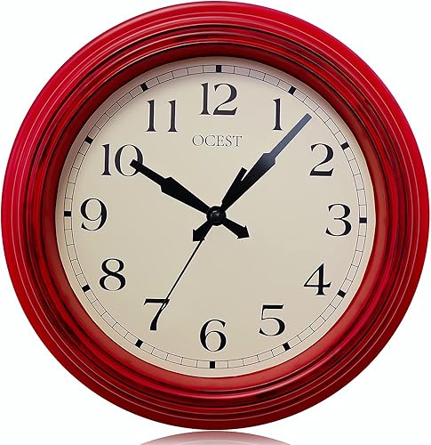 OCEST Reloj de pared de cocina pequeño color rojo retro de 9 pulgadas silencioso no tictac funciona con pilas decorativo para el hogar reloj de