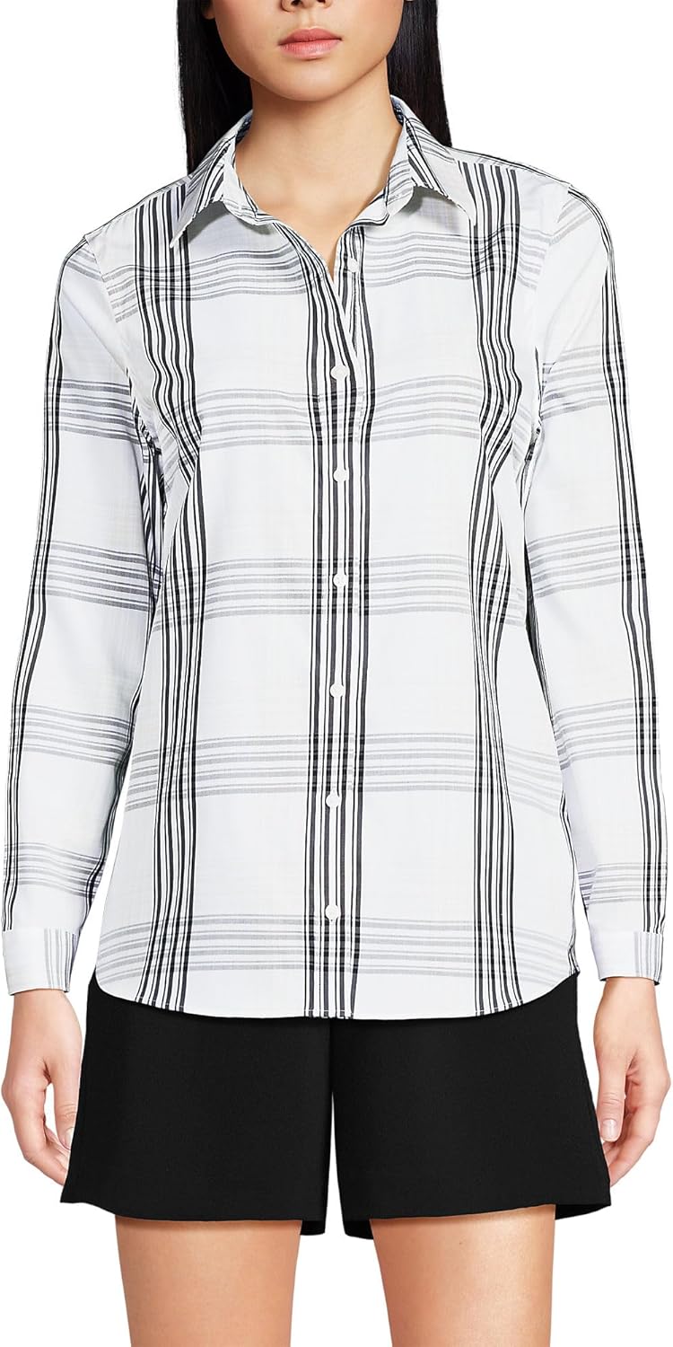 Lands' End Women's Pinwale Cord Long Sleeve Shirt 2 Black Offset Plaid