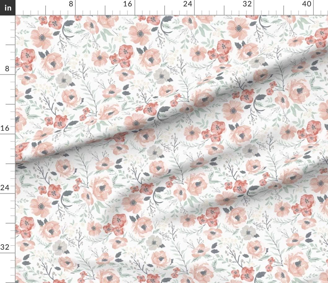Spoonflower Fabric - Soft Meadow Floral Hibiscus Coral Girl Sage Berries Flowers Blush Pink Printed on Petal Signature Cotton Fabric by The Yard - Sewing Quilting Apparel Crafts Decor