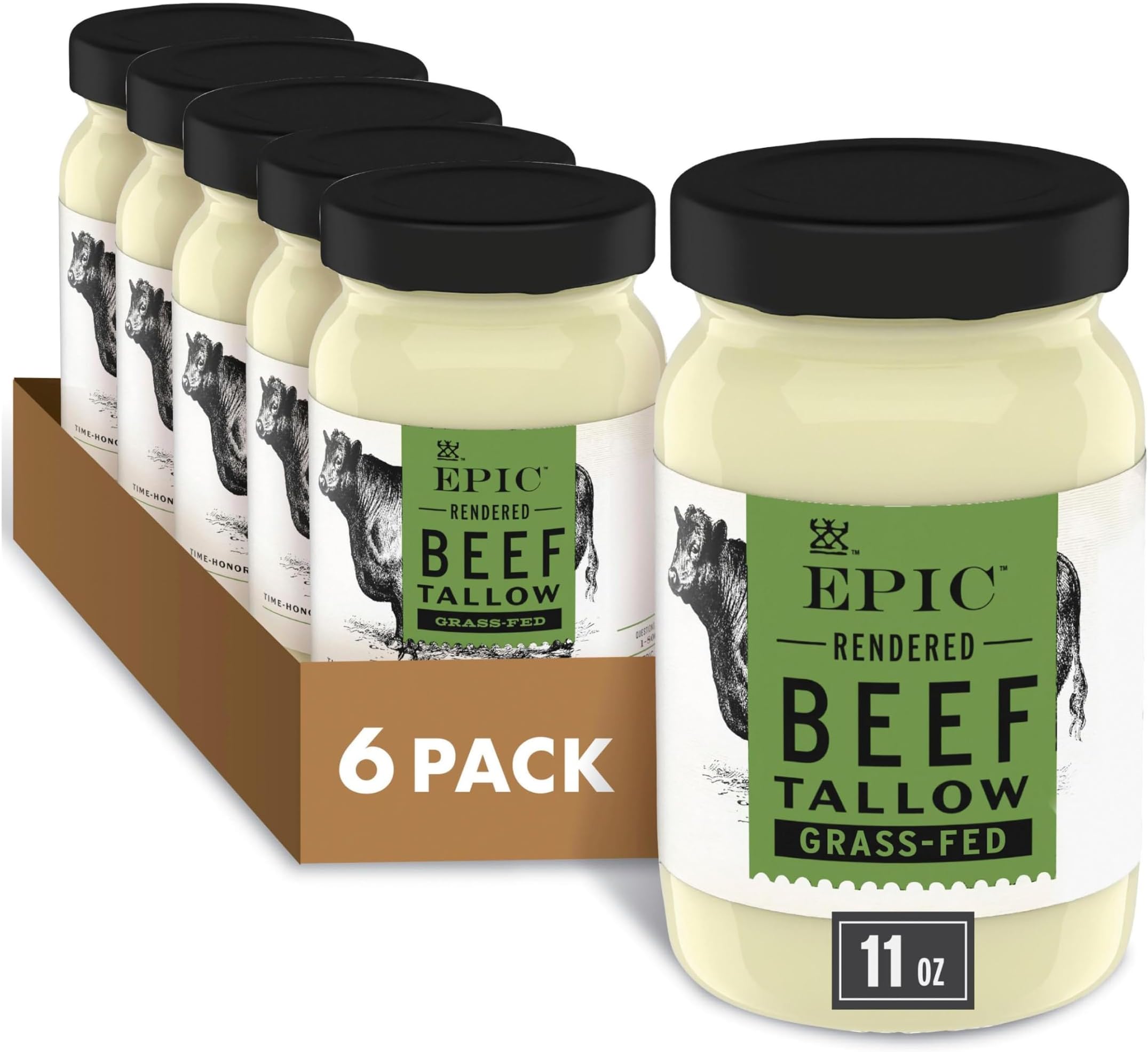 EPIC Beef Tallow, Grass-Fed, Keto Friendly, Whole30, 11oz Jar (Pack of 6) | Rendered Grass-Fed Beef, High-Heat Stable Cooking Fat, Gluten-Free & Paleo Friendly, Whole30 Approved