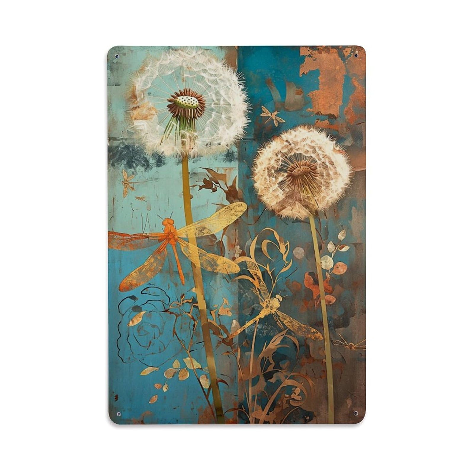 Jdfenggu Vintage Dandelion Dragonfly Floral Art Print Retro Metal Tin Sign, Decor Art Poster For Bar, Home, Man Cave, Kitchen, Laundry Room Gift 8X12inch