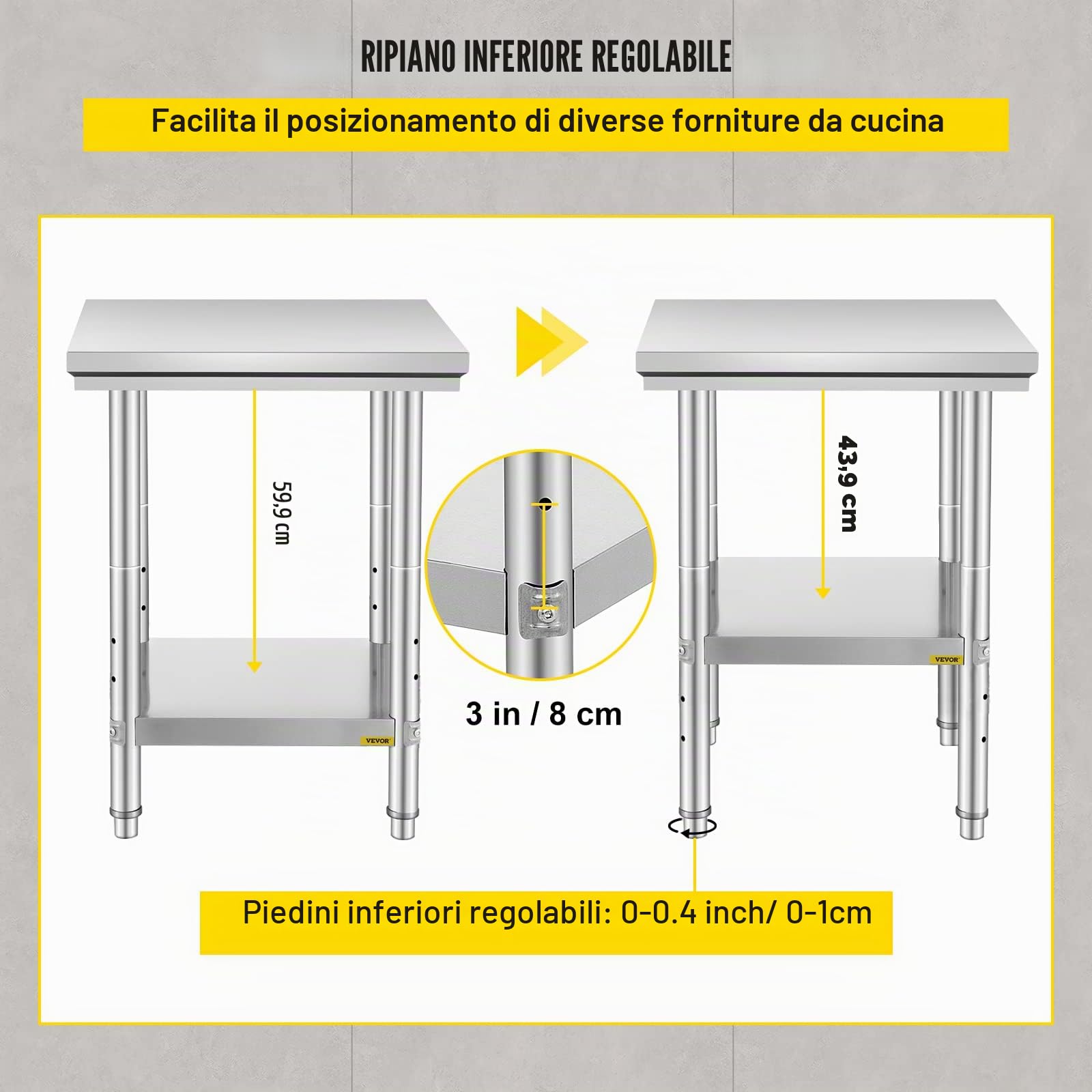 VEVOR Tavolo da Lavoro in Acciaio Inossidabile, 60 x 60 x 80 cm, Piano di Lavoro a 2 Ripiani, Tavolo per Preparazione di Pasti, Cucito, Lavaggio, Artigianato, Garage