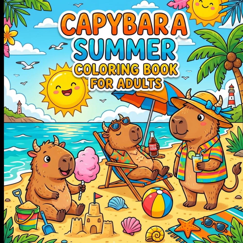 Capybara Summer Coloring Book for Adults: Cute Beach and Pool Capybaras with Watermelon: 60 Relaxing Coloring Pages for Stress Relief, Mindfulness and Summer Vibes