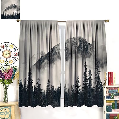 Miniatura 7 de Cortinas opacas de montañas con bosque gris brumoso, cortina para ventana de dormitorio, árbol negro natural, bosque, decoración escénica de madera