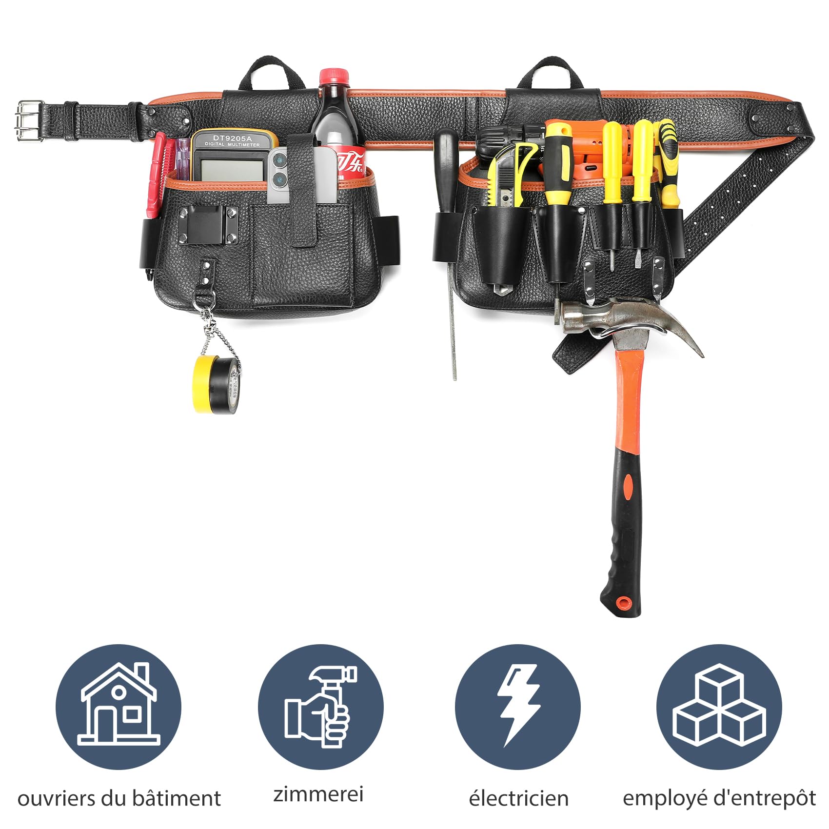 Ceinture Porte-Outils, étui Porte-Outils en Cuir véritable, Sac à Outils avec Porte-Marteau pour charpentiers, jardiniers, constructeurs de Structures, couvreurs, Artisans, électriciens