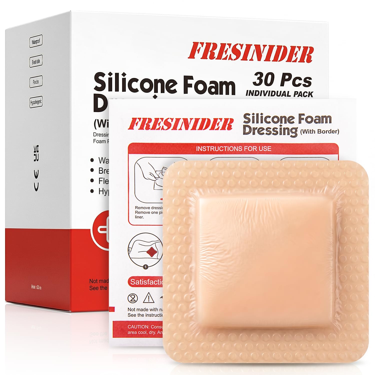 FRESINIDER Silicone Foam Dressing 4" x 4", 30 Pack – Soft Silicone Wound Dressing Pads for Bed Sores &amp; Pressure Ulcers, Post-Surgery Care, Absorbent, Breathable &amp; Gentle on Skin
