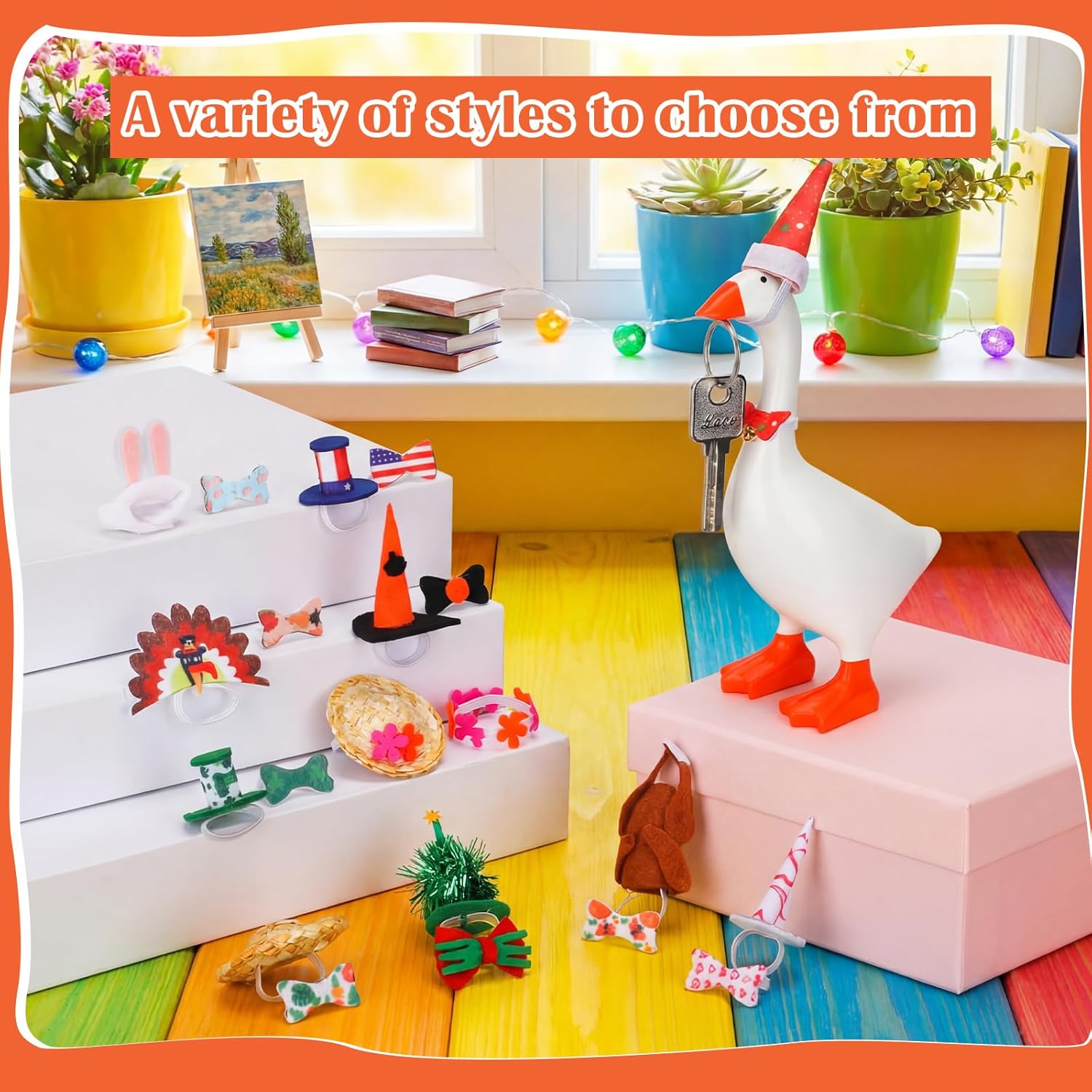 Reginary 11 Set 7 Inch Mini Desk Goose Outfits Spring Summer 4th of July Seasonal Holiday Headwear Mini Goose Hats Accessories Small Desk Bows Clothes Costumes for Desktop Table Decor Gift