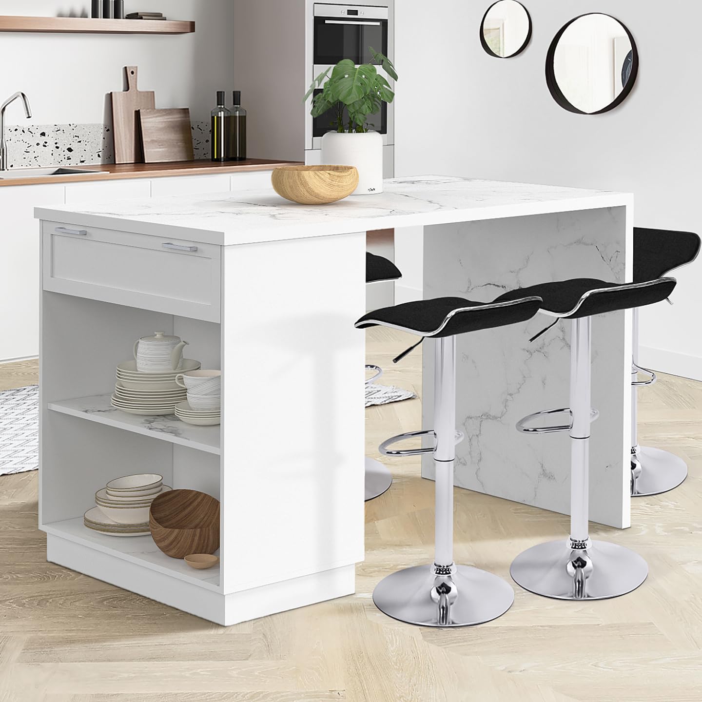 IDMarket - Ilot Central Mange-Debout 4 Personnes VITO 130 cm Blanc et Plateau marbre Alaska