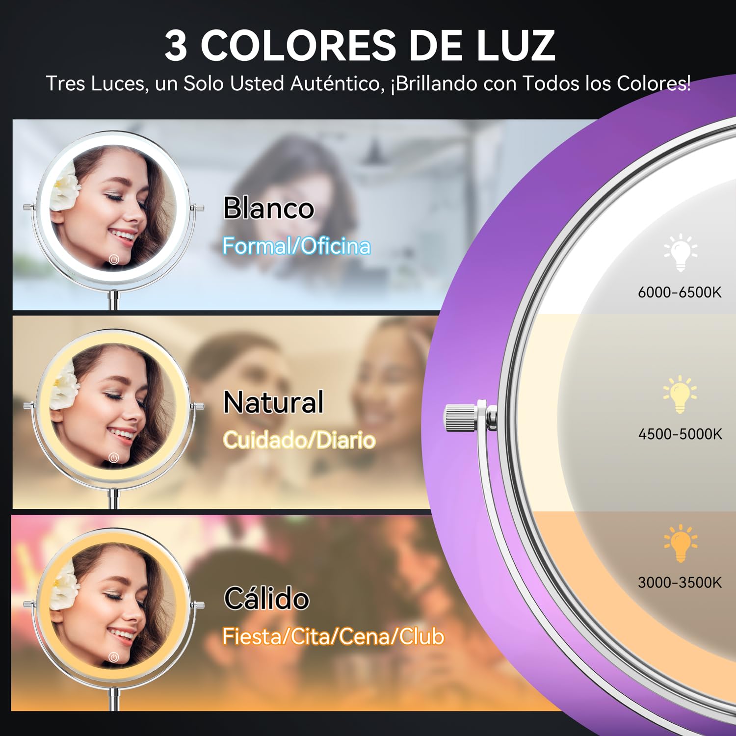 Auxmir Espejo Maquillaje con Luz, 30X/1X Aumento Espejo Telescópico Altura Ajustable 3000mAh Recargable USB, 3 Colores de Luz 60 Leds Brillo Regulable 360 Giratorio, Plata