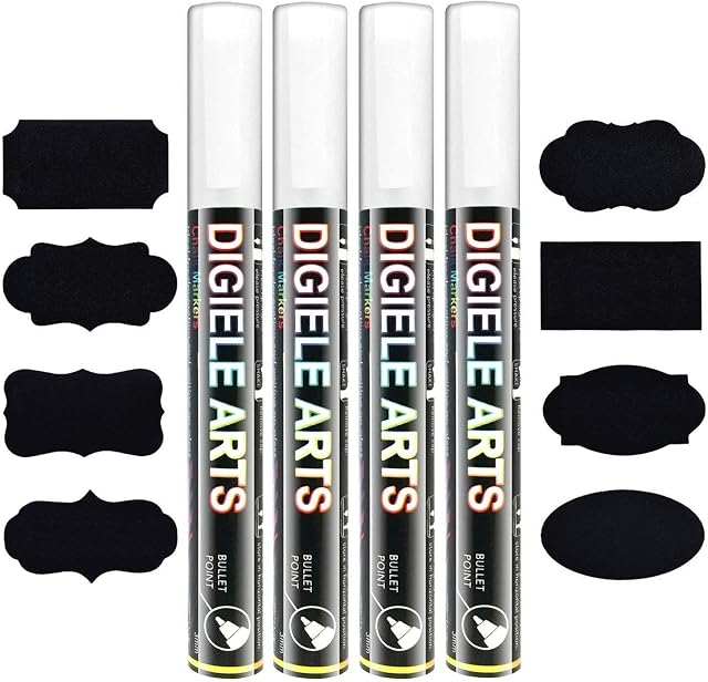 White Chalk Marker Pens, DIGIELE 6mm White Liquid Pen Markers, Dry or Wet Wipe Erase, Reversible Bullet or Chisel Tip for Blackboard, Window, Glass & Mirror, 4pcs Pens + 16pcs Chalkboard Labels Packed