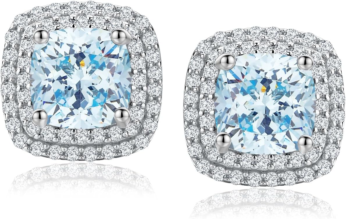 Dainty Birthstone Earrings for Women Sterling Silver Small Stud Earrings with Halo Cushion/Round Created Gemstone Earrings Birthstone Jewelry