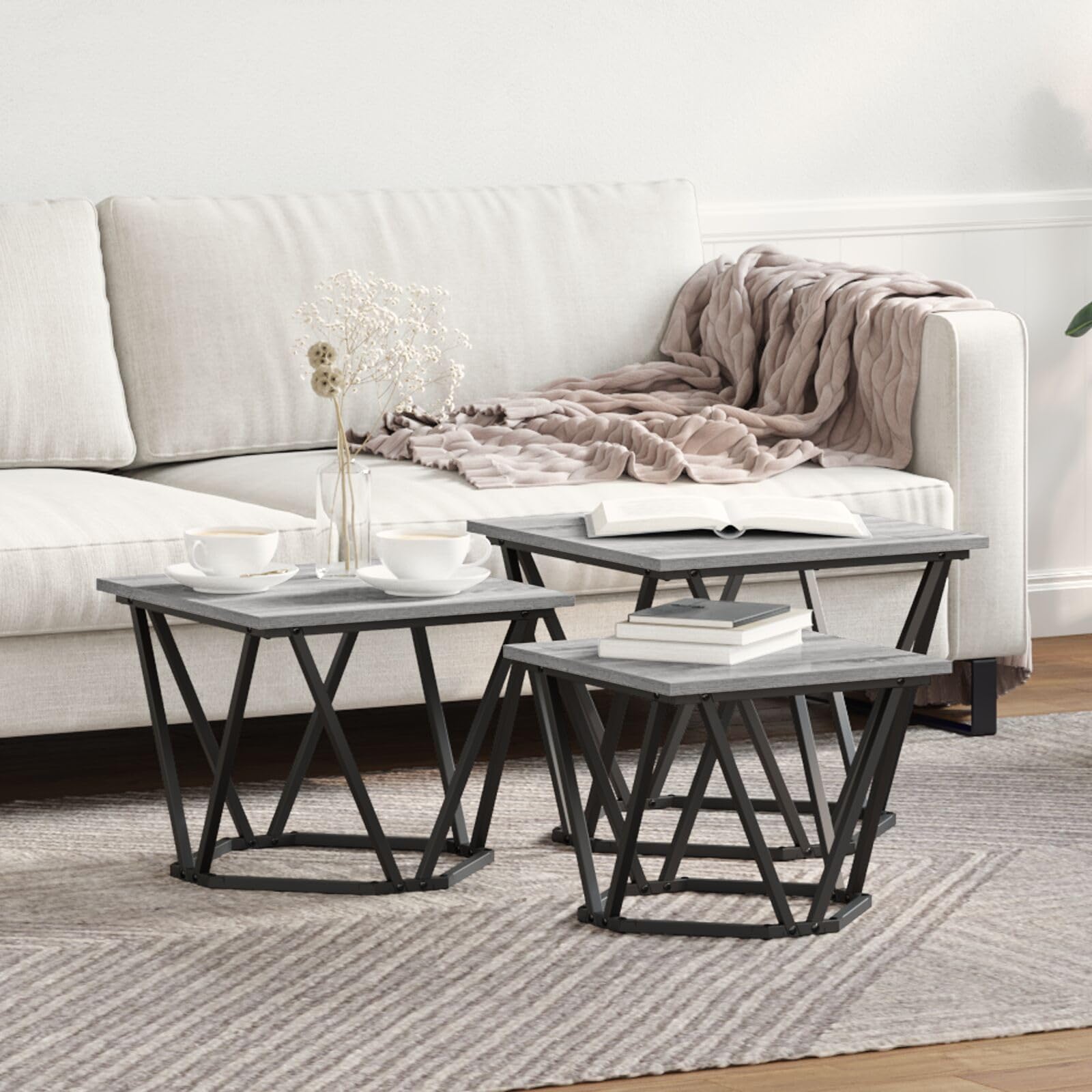 SXZenSpace 868282 Side Tables 3 pcs Grey Sonoma Engineered Wood Table - Modern Nightstand End for Home Bedroom Living Room Easy Assembly Hallway Coffee
