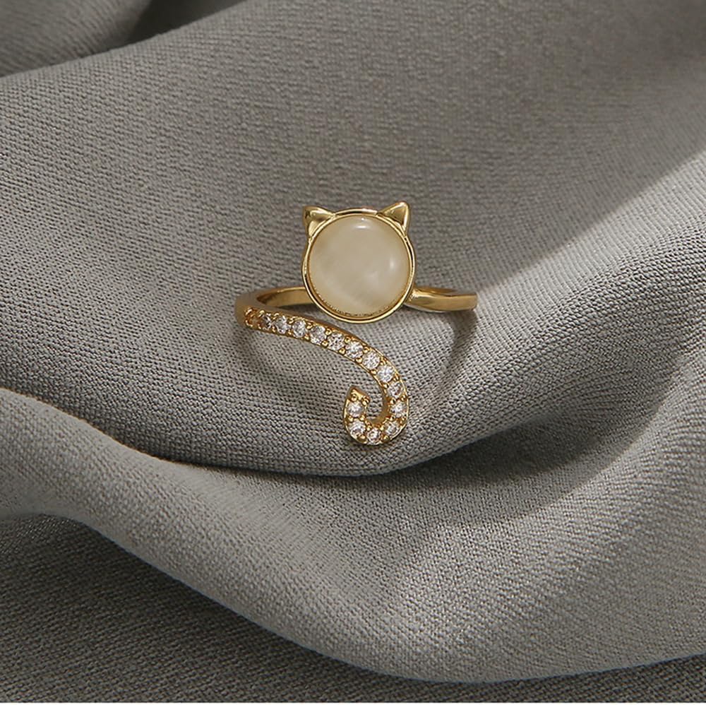 OIDIMS Cat Adjustable Rings for Women Open Stacking Statement Rings Dainty Gold-Tone Plated Crystal Cat Eye Stone Lovely Kitten Animals Wrap Ring Jewelry Gifts for Pet Lover Mom Holiday Party - Image 4