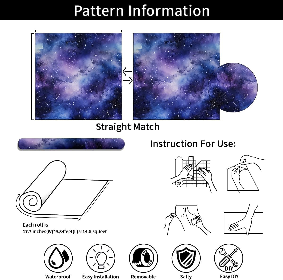 Blue Purple Galaxy Peel and Stick Adhesive Wallpaper 17.71" X 236.2"Night Sky Stars and Clouds Pattern Contact Paper Blue Universe Wallpaper for Children's Rooms, Study Rooms, Bedrooms