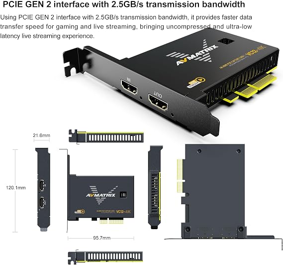 AVMATRIX VC12-4K PCIE Capture Card 4k for Game Livestream and Record in 4K60 UHD with Ultra-Low Latency on PS5 PS4/Pro Xbox Series X/S Xbox One X/S in OBS Works with Windows and Linux