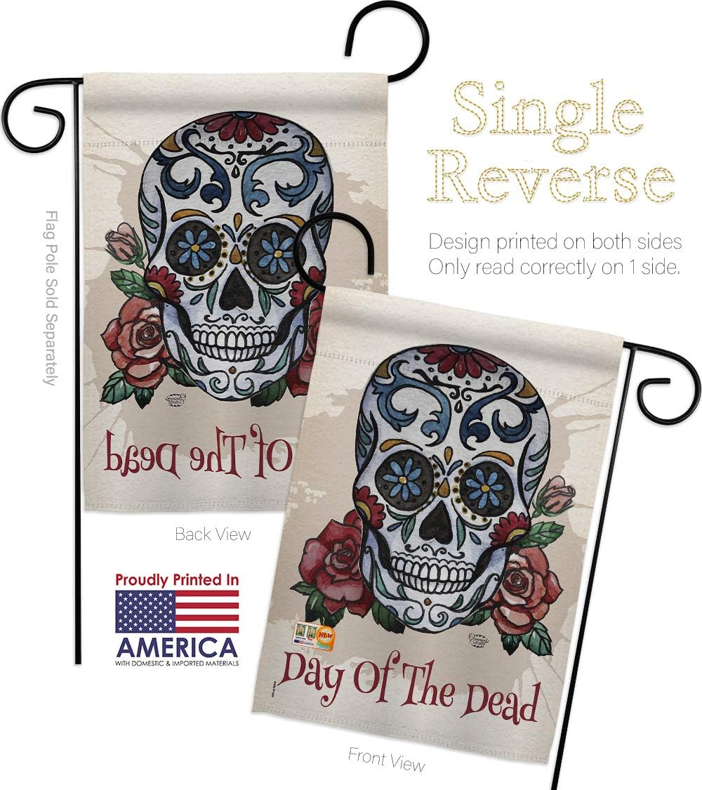 Day of the Dead Garden Flag Set with Stand Falltime Dia De Los Muertos Fiesta Mexican Party Autumntime Small Decorative Gift Yard House Banner Made In USA 13 X 18.5
