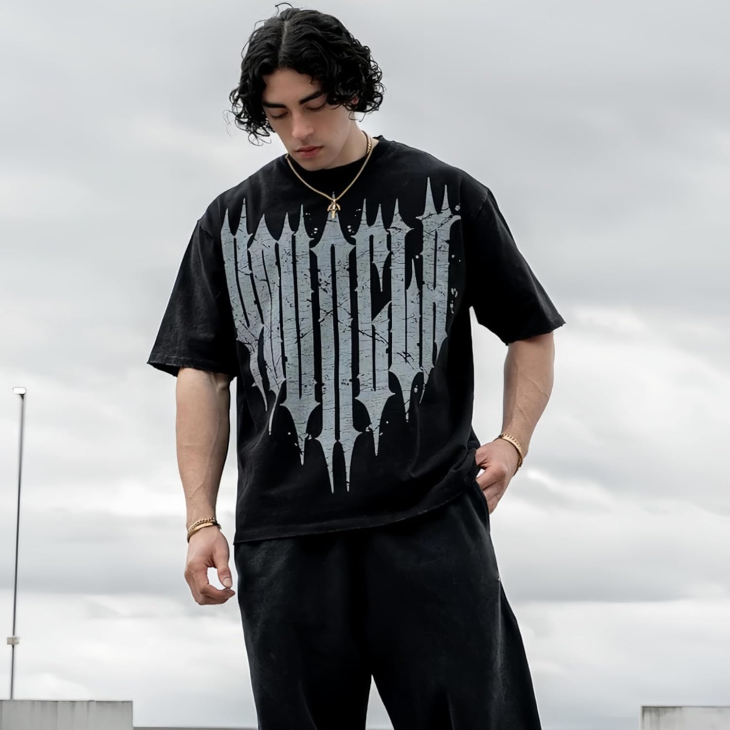 Men’s Oversized Graphic T-Shirt Drop-Shoulder Baggy Streetwear TeeBreathable Stretch Jersey Gothic Workout Casual