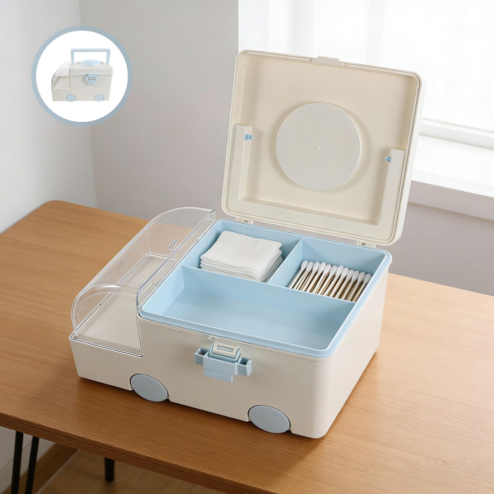 Caja Organizadora de Medicamentos para Primeros Auxilios, Gran Capacidad, Portátil con Asa, Maletín Médico de Plástico Resistente Color Azul Crema para Almacenamiento Familiar