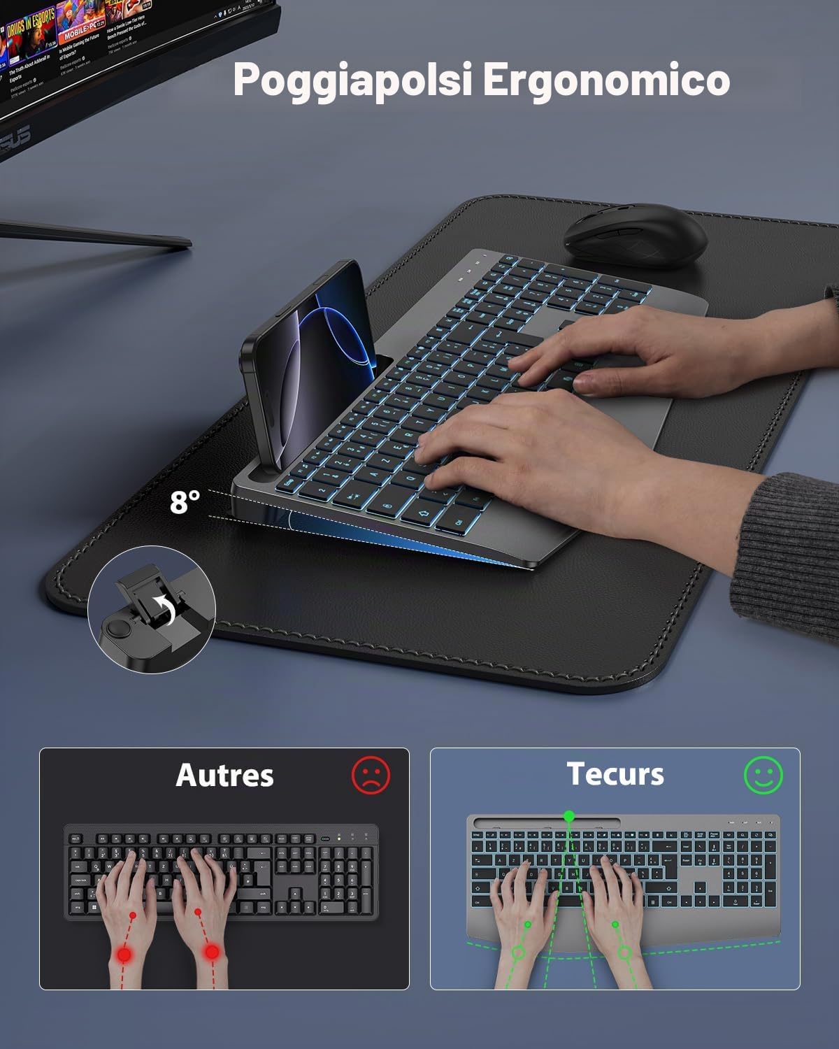 TECURS Tastiera wireless AZERTY con layout francese e poggiapolsi, tastiera wireless silenziosa ricaricabile 2.4G, retroilluminata, tastiera per computer per Windows