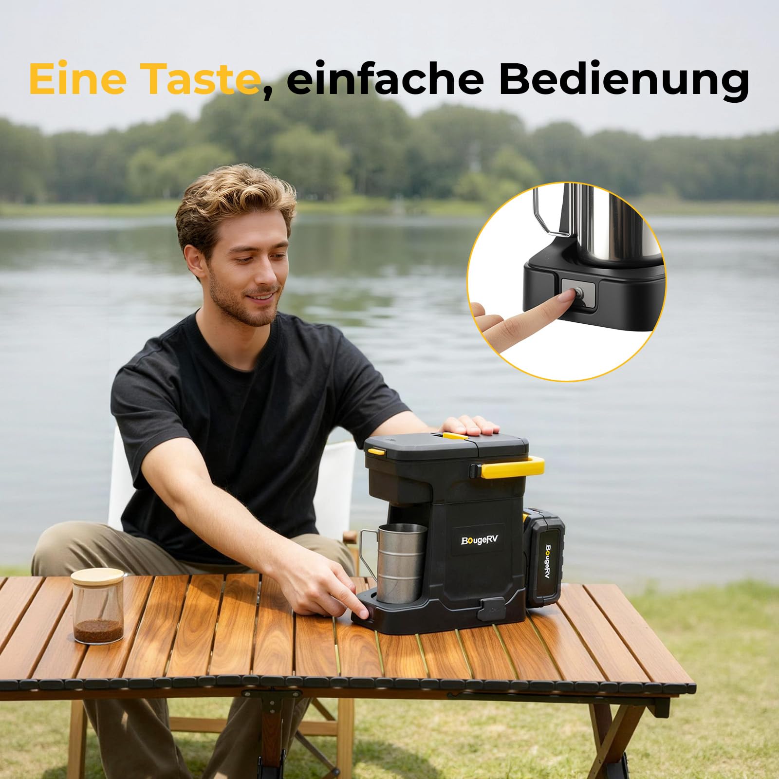 BougeRV Akku-Kaffeemaschine 144 Wh 8 Ah AC 230V Camping Kaffeemaschine für gemahlenen Kaffee & Kaffeepads