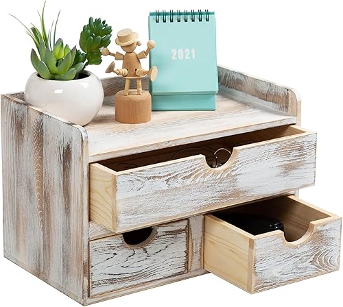 Miniatura 8 de Organizador de escritorio rústico de madera envejecida de 3 niveles con 3 cajones, mini estante de almacenamiento para escritorio, artículos