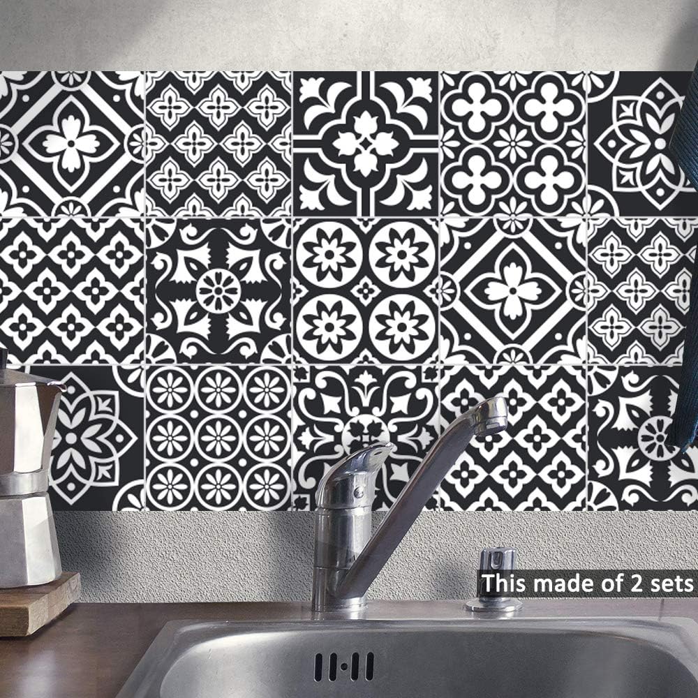 Alwayspon 30Pcs Peel&Stick Vinyl Wall Tile Transfers Sticker, 8x8inch Self Adhesive PVC Backsplash Tile Decals for Bathroom Kitchen Decor, Black Flora T54