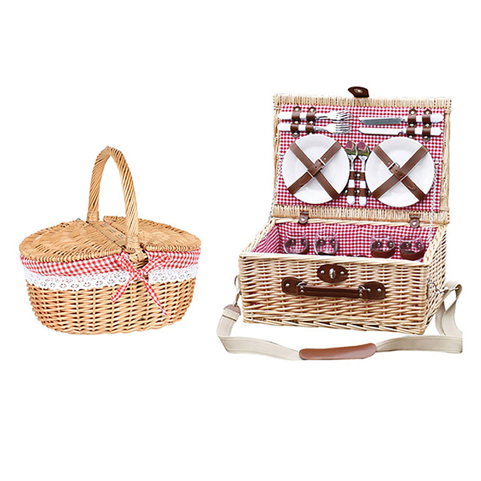 YAROK Deluxe Romantic Wicker Picnic Basket for 4 Persons, Willow Hamper Set, Free Blanket and Cutlery Service Kit for Outdoor Party Or Camping -Red