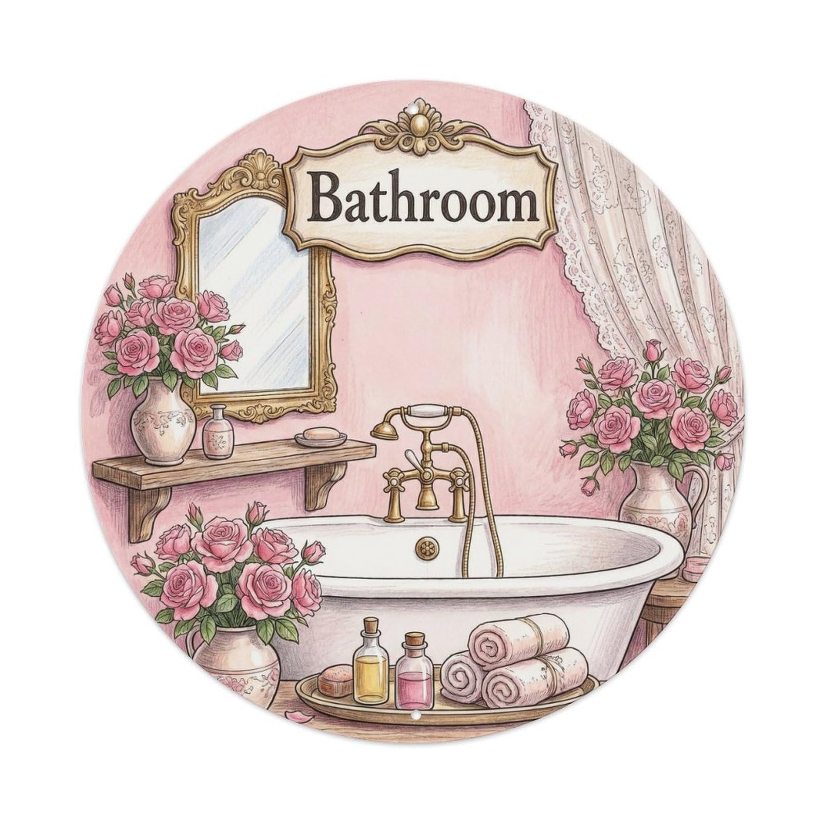 Yrnq Vintage Style Bathroom Rose Cottage Spa Bathroom Vintage Metal Tin Sign Plaque Wall Decor For Cafe, Club, Garden Round Metal Poster 8X8inch