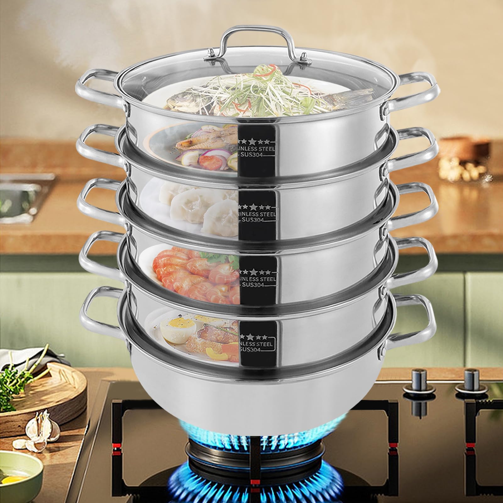 Dampfgarer Edelstahl 32cm 5 Etagen Dampfkocher Gemüse Kartoffeldämpfer mit Dampfeinsatz und Zwei Griffe Stapelbar, Glasdeckel für Gasherden, Induktionsherden und Keramikherden Kompatibel