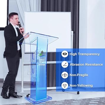 Customisable Logo Acrylic Podium, Transparent Acrylic Lectern with Storage Shelf, Church Pulpit with 15 Color LED Light, Stability Podium Stand for Church, Lecture, Wedding, Classroom