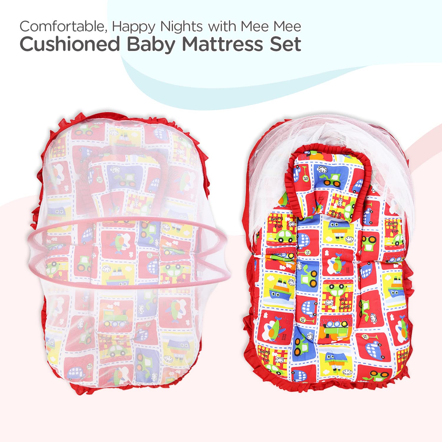 Mee Mee Cushioned Baby Mattress Set with Mosquito Net & Pillow (Red)