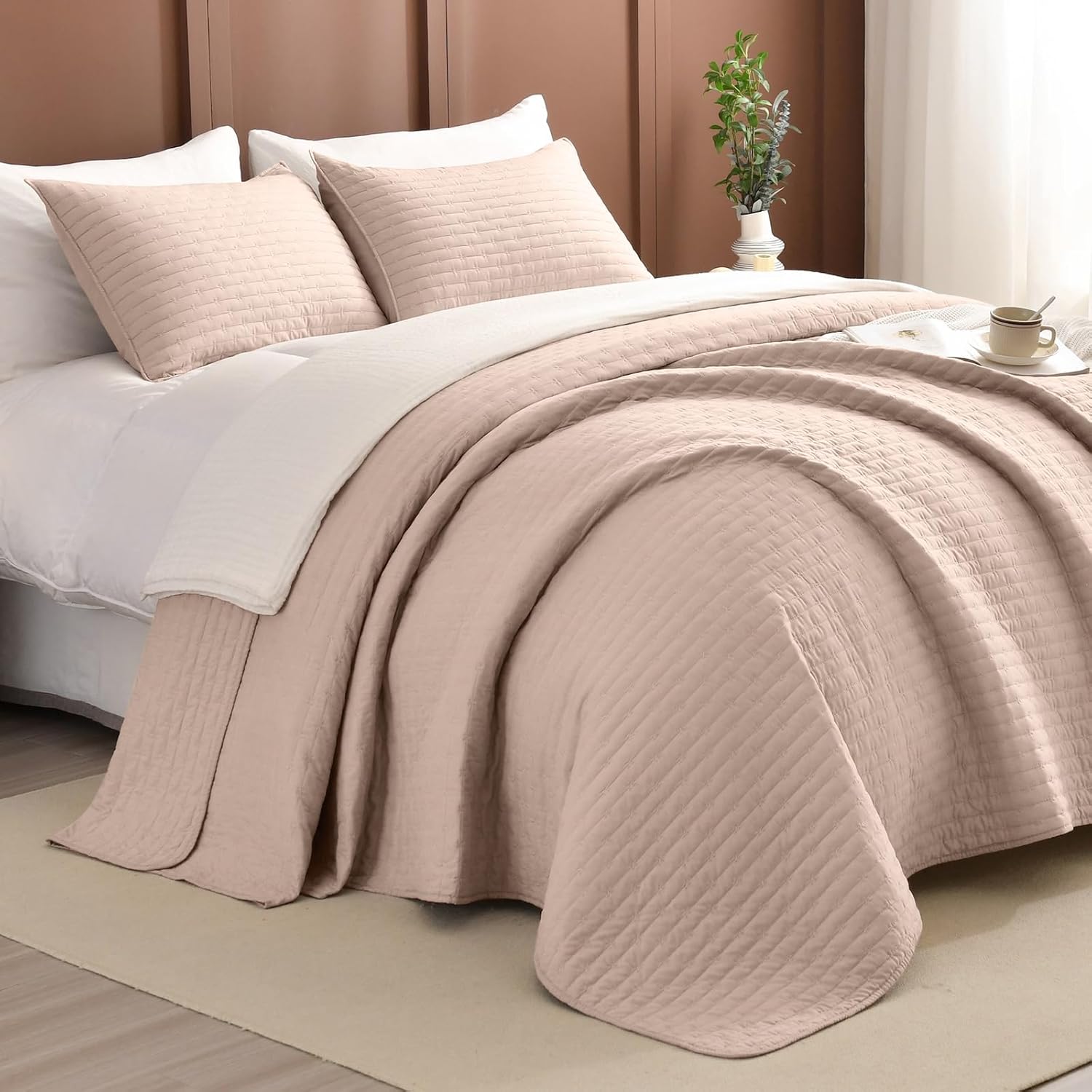 Lady Ann Oversized King Bedspread 128x120 Extra Large Quilt, 3 Pcs Camel Oversized King Quilt Set for Bed, Lightweight & Soft Farmhouse Coverlet All Season Extra Large Quilted Bedding Sets