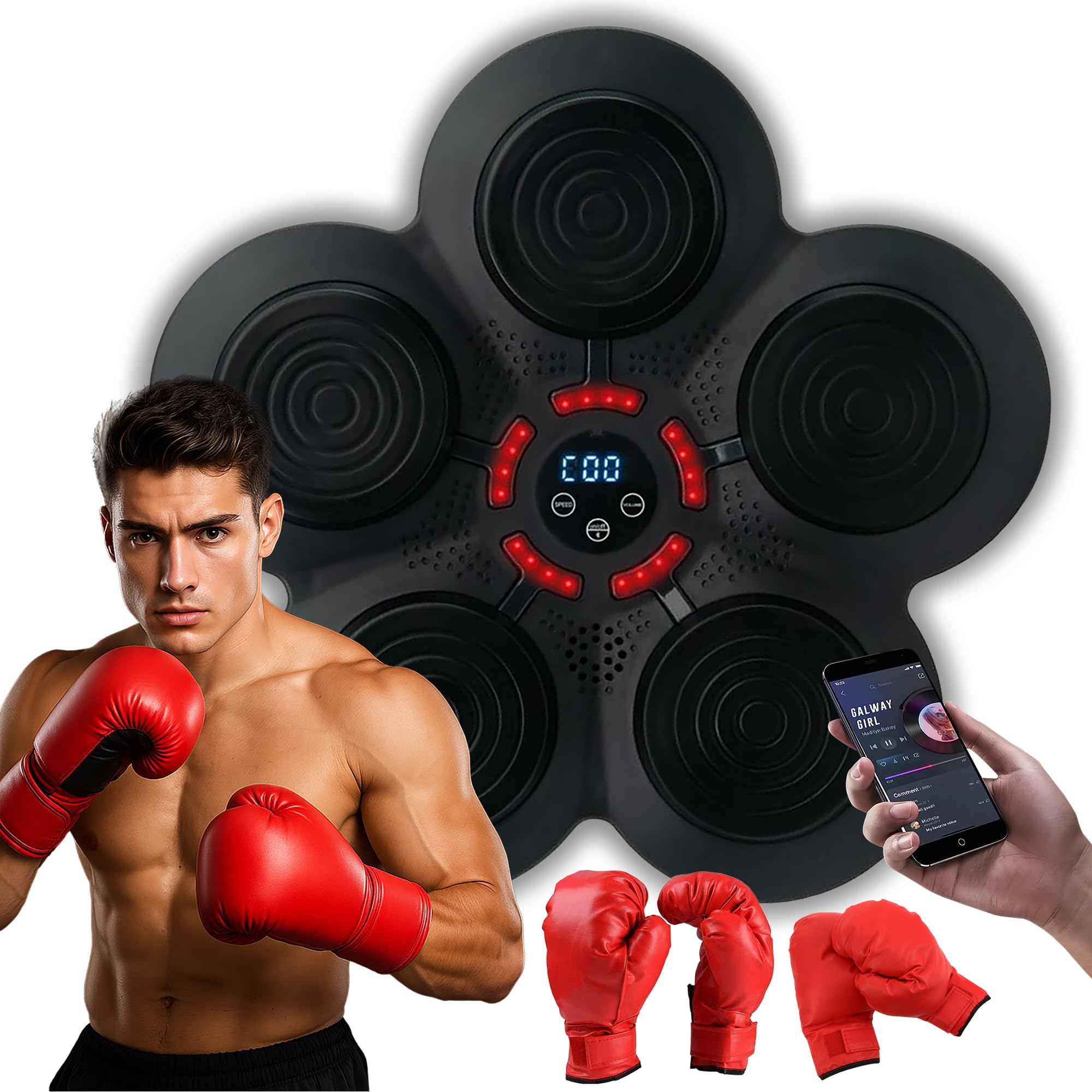 Music Boxing Machine - Bluetooth Wall Punching Pad with LED, Fun Training Equipment for Kids & Adults, Home Boxing Wall Punching Pad with Gloves, for All Ages - Ideal Present by RedRoko