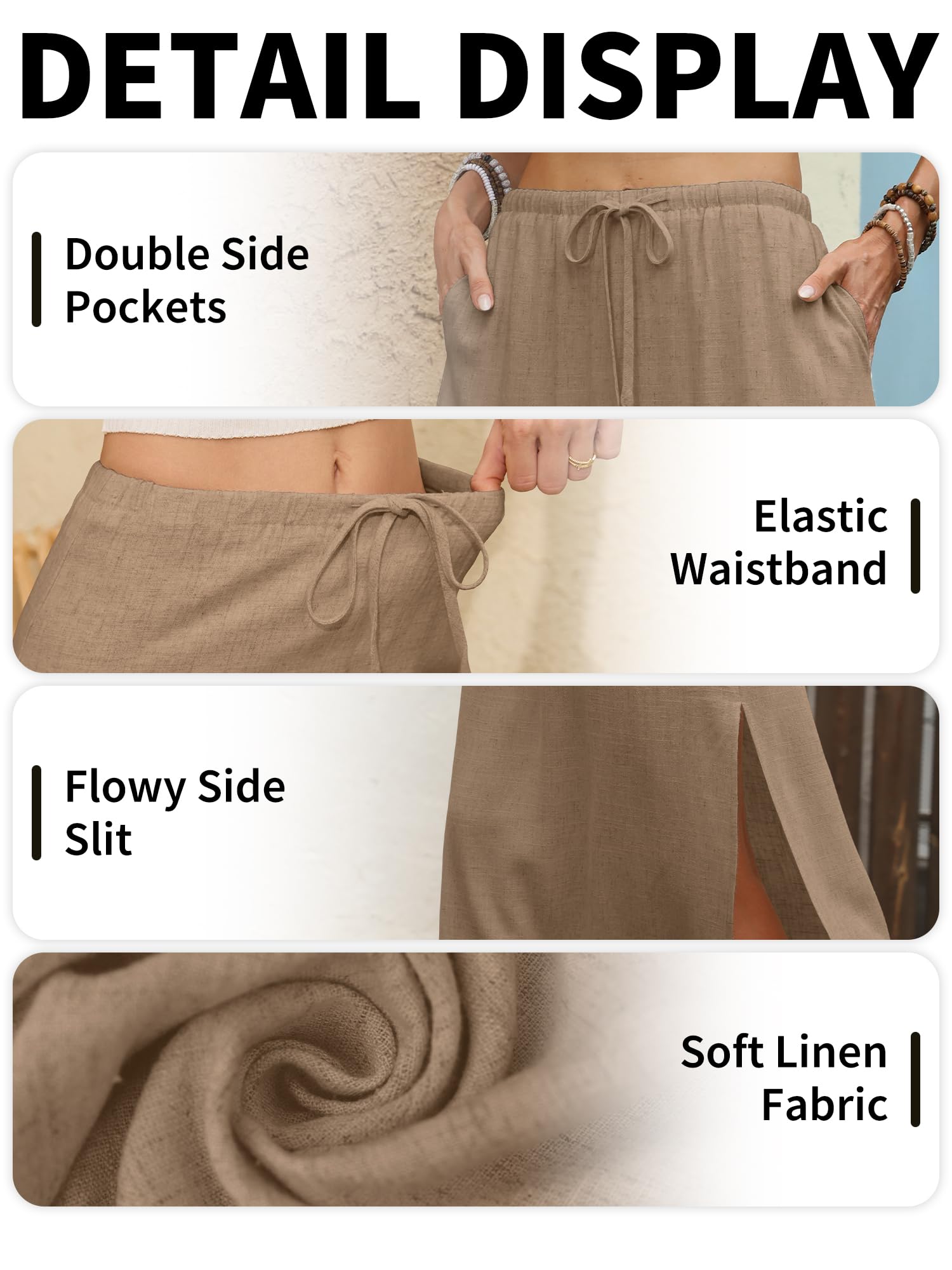 ELLEVEN Gerader Maxirock aus Leinen mit Seitenschlitz, elastischer Taillen-Kordelzug, langer, fließender, knöchellanger Rock mit Taschen | Elastischer Taillen-Kordelzug, knöchellanger Rock, Sommer, trendig, lässig, Strand, Beruf, niedrige Taille, sexy Boh