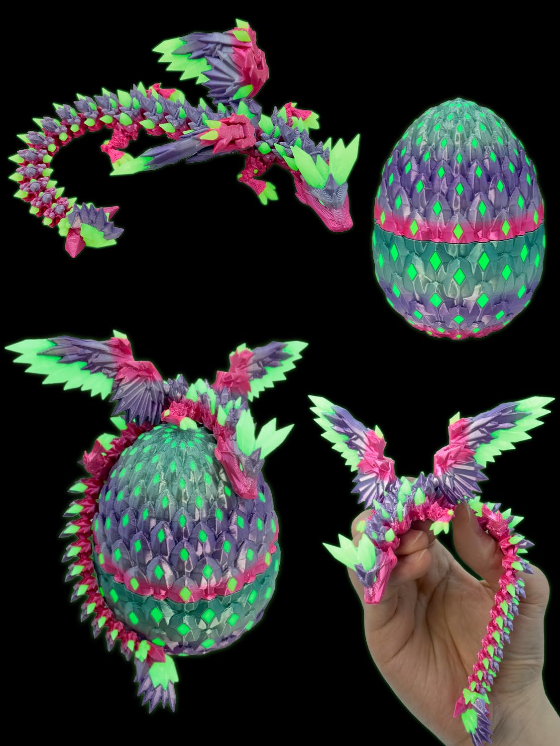 JoryHeim 3D Drachenei mit Drache & Nachtleuchten Effekt - 3D Drache mit Flügeln, UV-aktiviertes Leuchten im Dunkeln, 10cm Sammlertücke, Geburtstage und Ostern (Bonbonfarben)