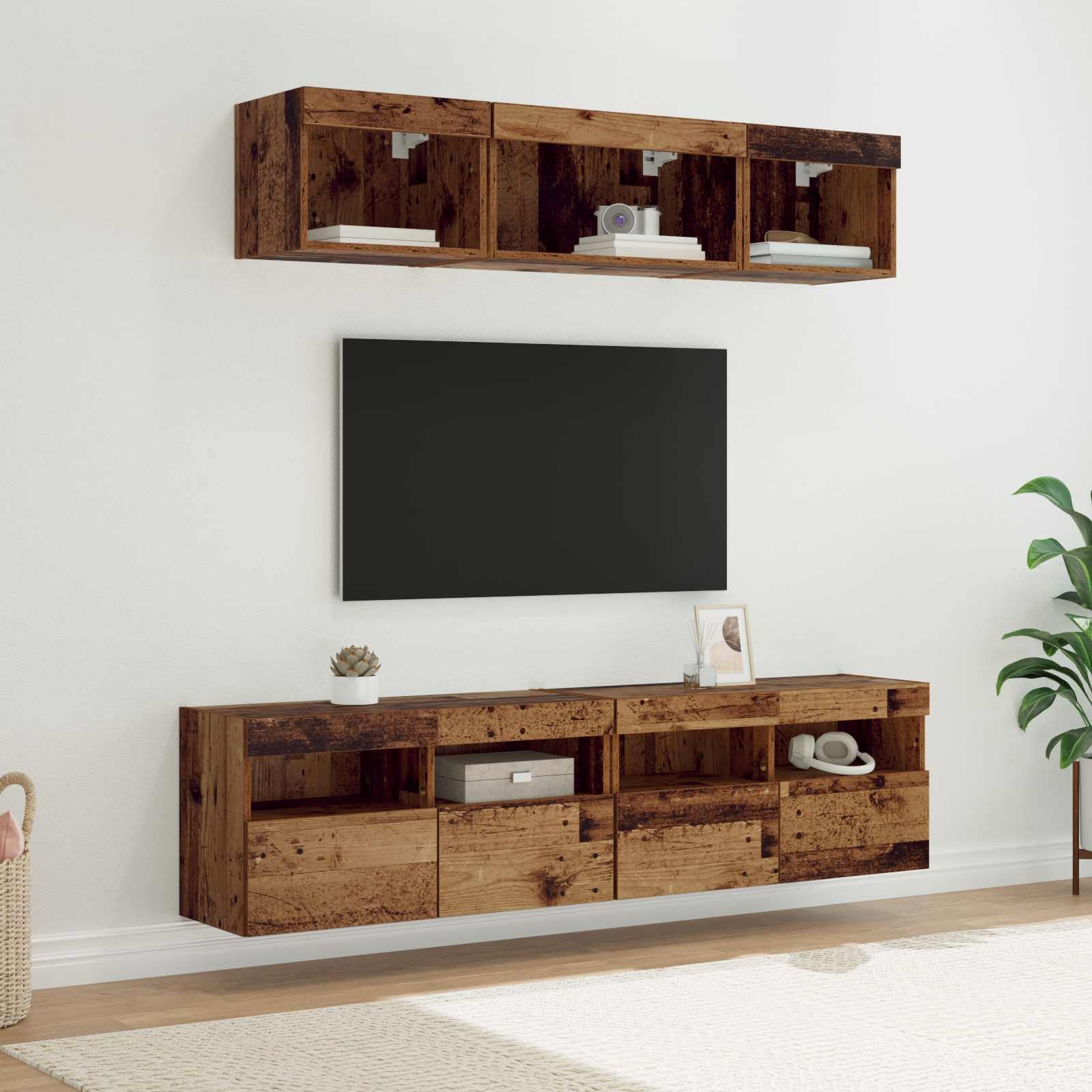 Zestaw 5 sztuk ściennych do telewizora z diodami LED z materiału drewnopochodnego, zestaw 5 sztuk, montowany na ścianie, zajmuje mało miejsca do salonu, kina domowego, mediów i