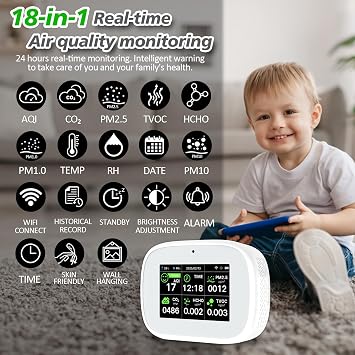 18-in-1 Smart Air Quality Monitor - Indoor WiFi Air Quality Detector with Dual Chip, Real-Time for AQI, CO2, PM2.5, PM1.0, PM10, TVOC, HCHO, Time Display, Temperature & Humidity with APP (White-Black)