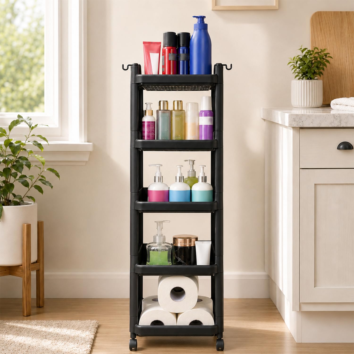 LEOPAX 5 Shelf Free Standing Bathroom Storage Cabinet, Over The Toilet Cabinet for Skinny Bathroom Storage Corner Floor Standing Shelf Bathroom Cabinet - Black (28 x 33 x 94cm) Polypropylene-image-45