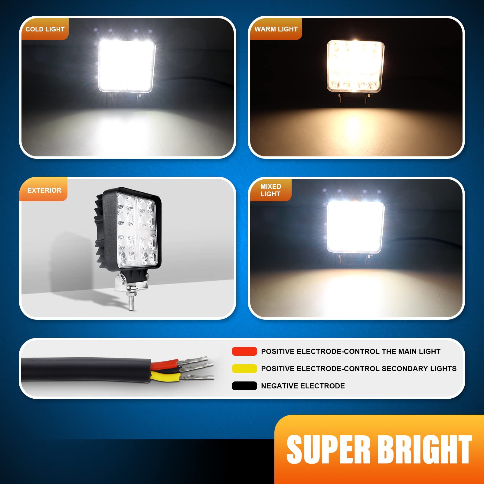 RIGIDON 2Pcs 4 Pouces 48W Carré Phare de Travail LED Avec 12V Faisceau de Câblage Kit - Blanc Ambre Lampe Longue Portée Spot Pour Offroad Voiture Camion SUV 4x4 Tracteur