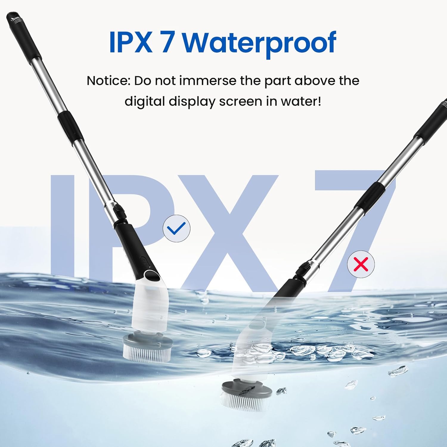 Jorking Electric Spin Scrubber demonstrating IPX7 waterproof rating, showing it can withstand splashes but not full immersion above the display.